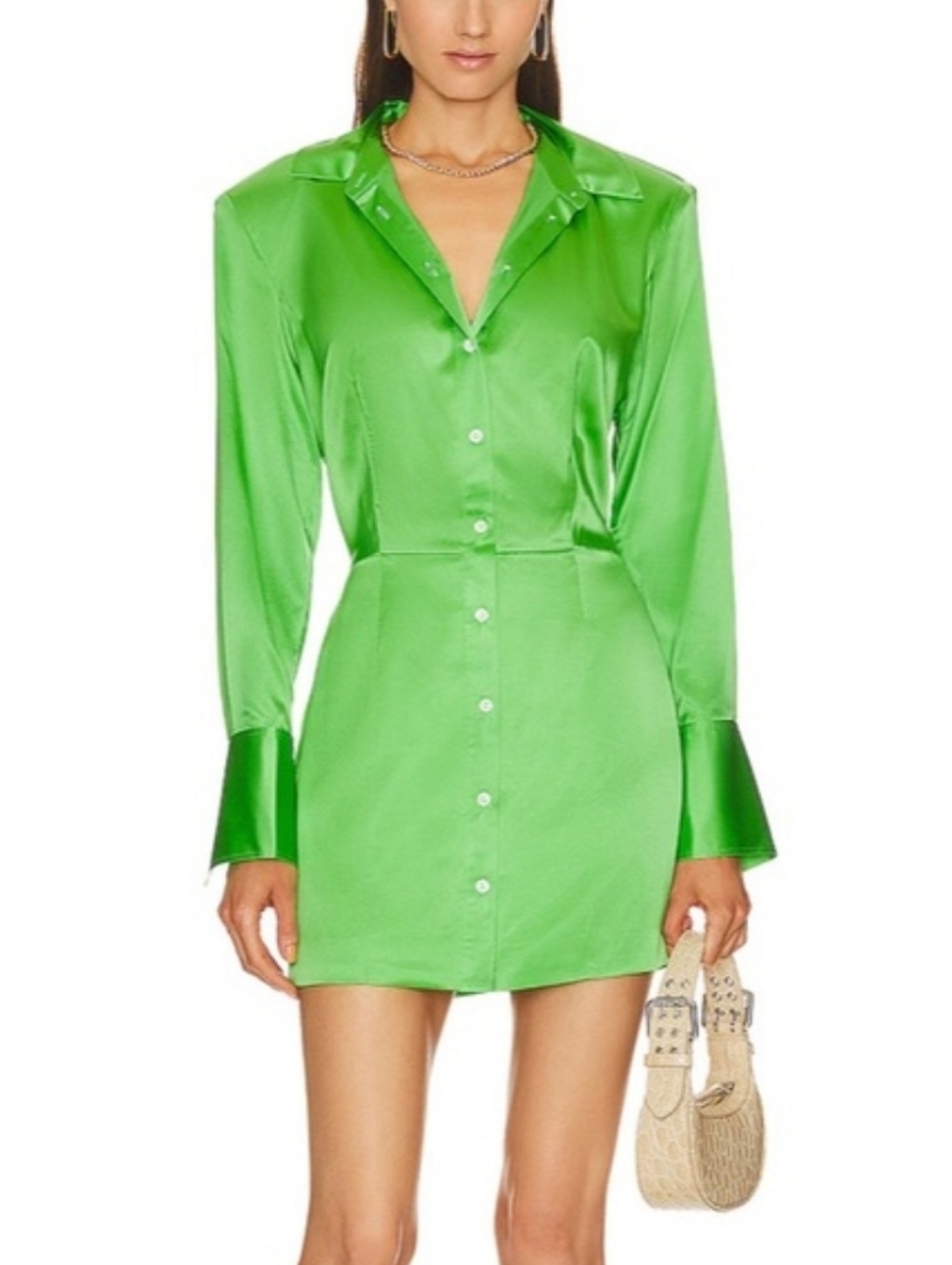 FRAME Strong Shoulder Mini GREEN SILK Dress SIZE S